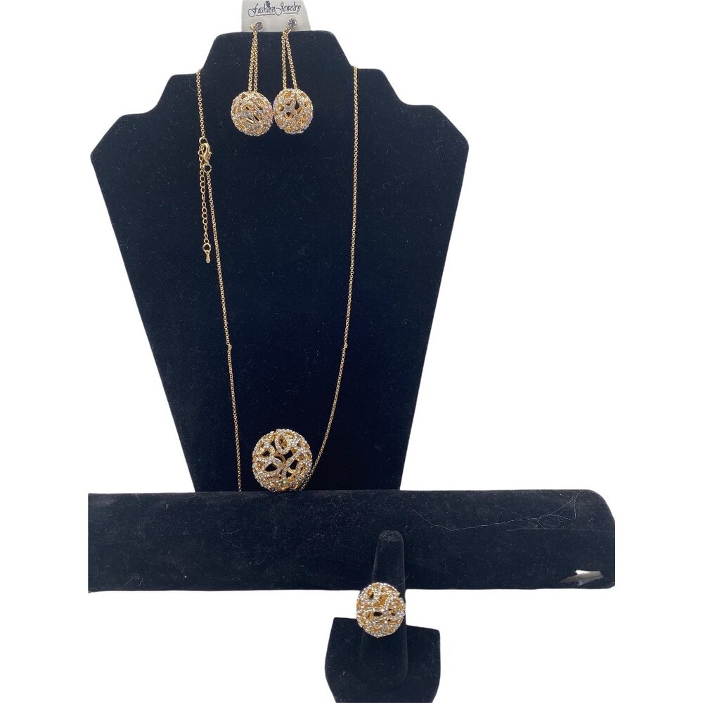 Fashion Jewelry Women's Necklace Set Gold‎ Plated Rhinestones Earrings & Ring